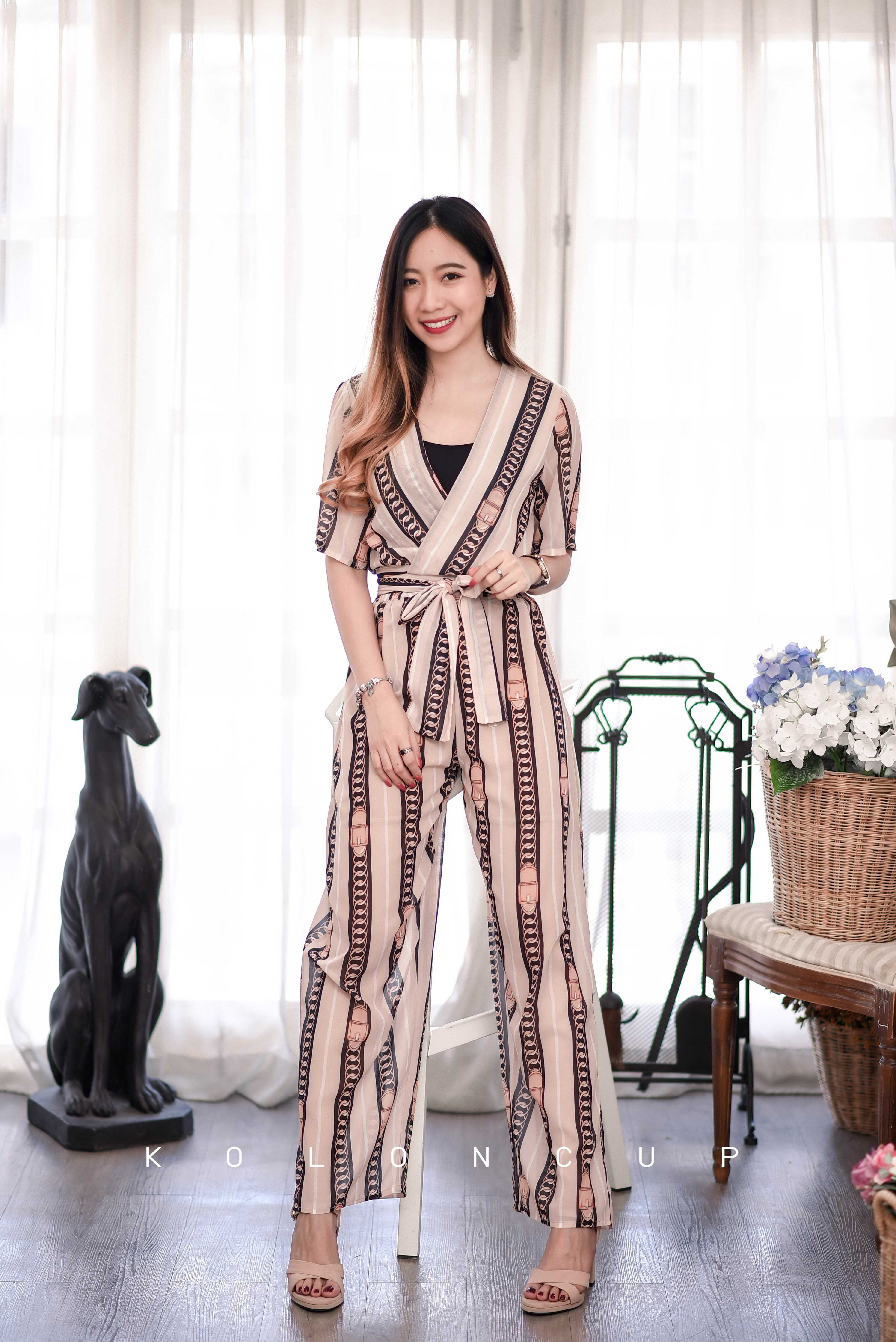 Koloncup  KL3022 ชุดเซ็ทเสื้อ+กางเกงลายเข็มขัดโซ่ ชุดเซ็ท2ชิ้น
