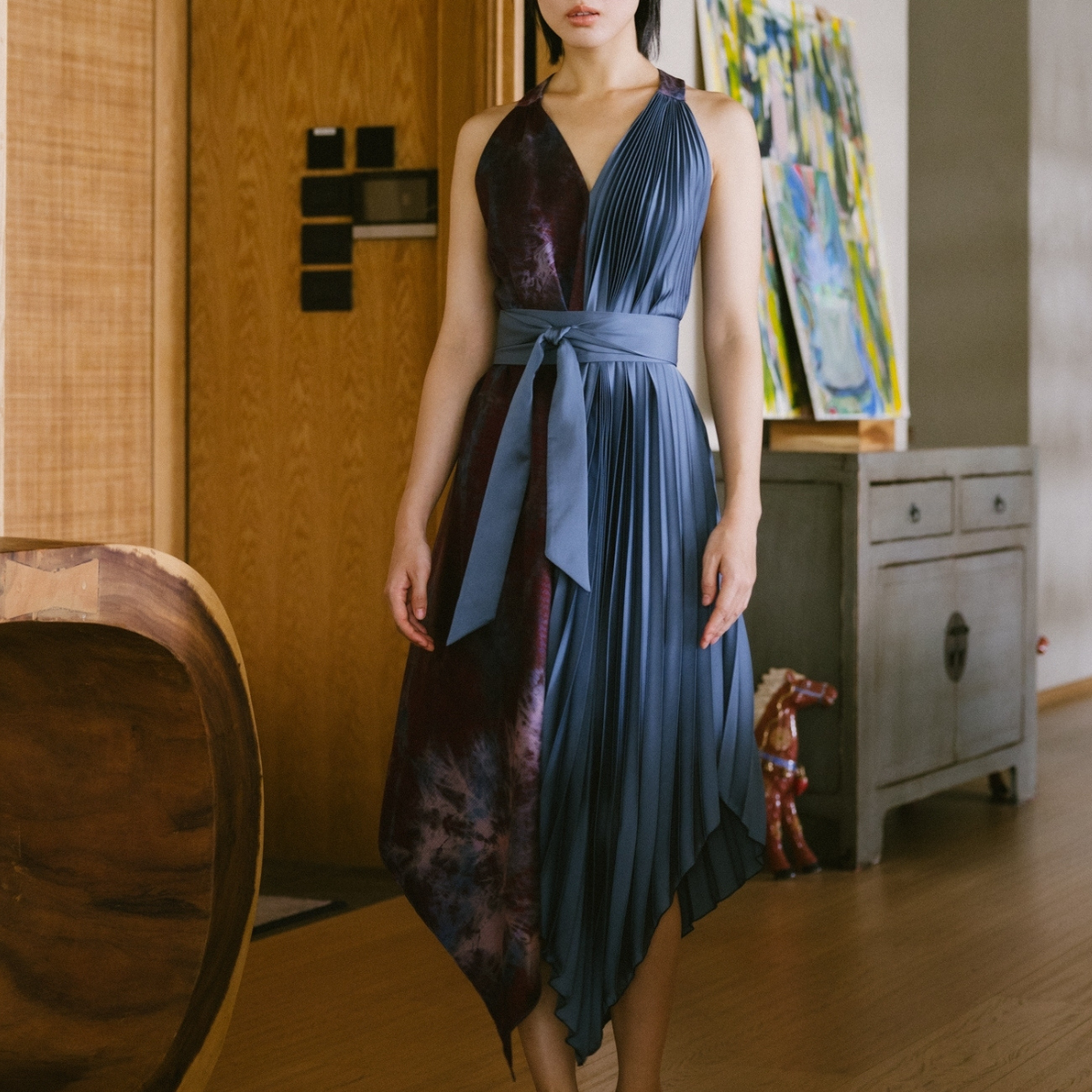 Eva Dress Thai silk tie dye - Washed Denim (E6)