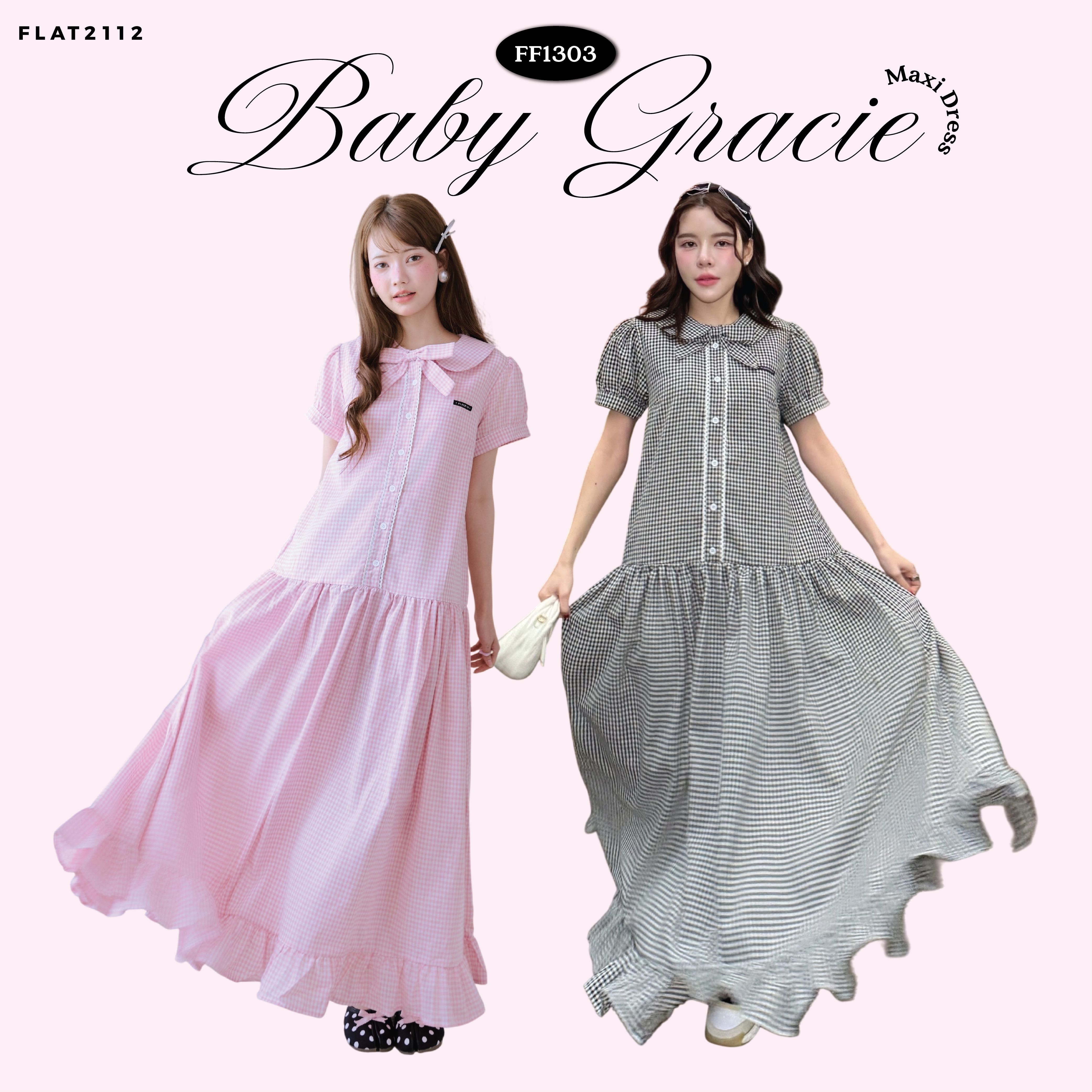 FLAT2112 : BABY GRACIE MAXI DRESS เดรสยาวลายสก็อต เดรสคุณหนู แขนตุ๊กตา เดรสออกงาน (FF1303)