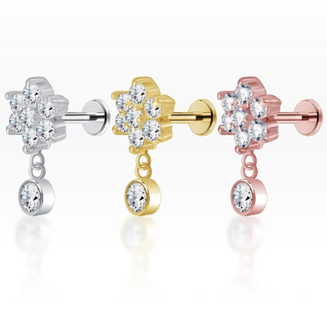 PiercingRoomByJay Flower CZ dangle Flat Back เงินแท้ (ราคาต่อชิ้น)