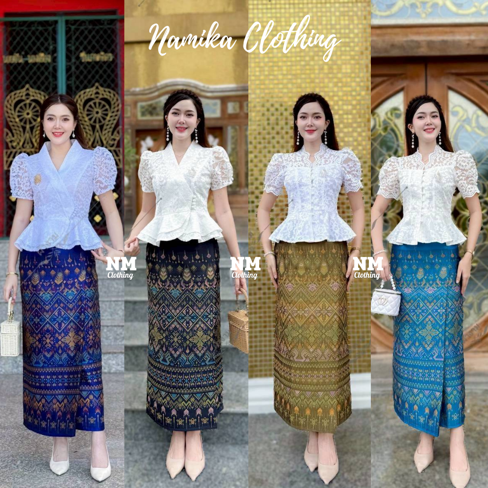 ผ้าถุงใส่ไปวัด ผ้าถุงผ้าไหมแกมฝ้ายทอลาย ลายแพรวา งานป้ายสำเร็จซิปซ่อนหลัง มี S-2XL  อัดกาวทั้งผืน