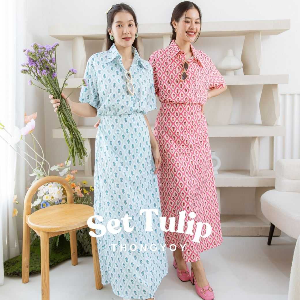Set Tulip เสื้อเชิ้ตเเขนสั้น&กระโปรงยาว (ขายทั้งเซตเเละขายเเยกชิ้น)