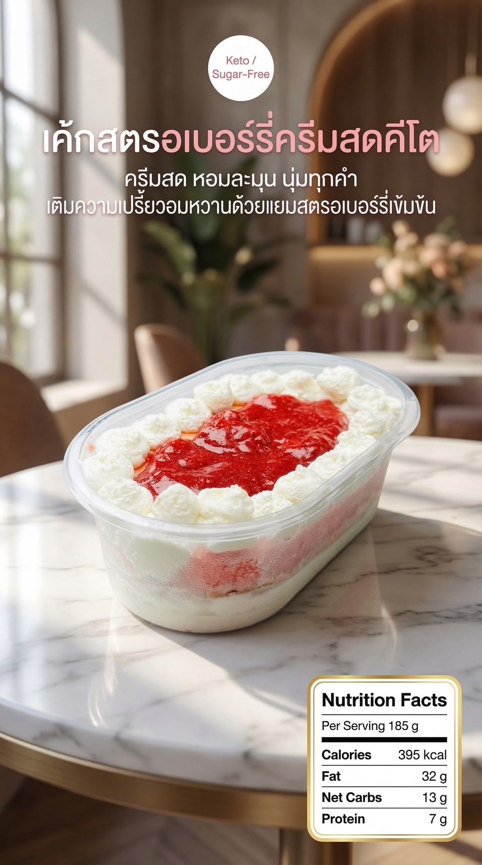 เค้กสตอเบอรี่ครีมสดคีโต 🍓✨ไร้แป้ง ไร้น้ำตาล ทานแล้วไม่รู้สึกผิด
