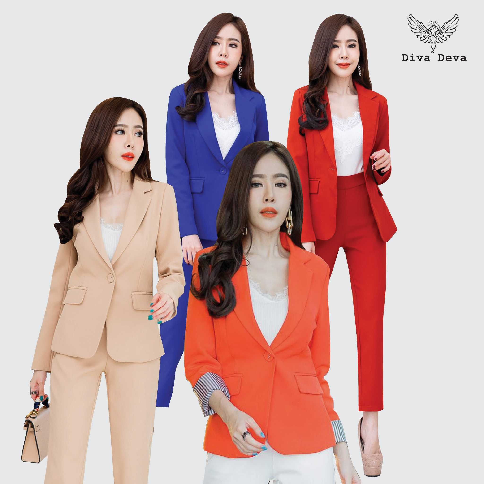 ⚡️SALE⚡️เสื้อสูทผู้หญิง Classic กางเกงกระบอกเล็ก ส้มสด/น้ำเงินสด/เขียวฟอเรส/ส้มอิฐ/นู้ดกากี