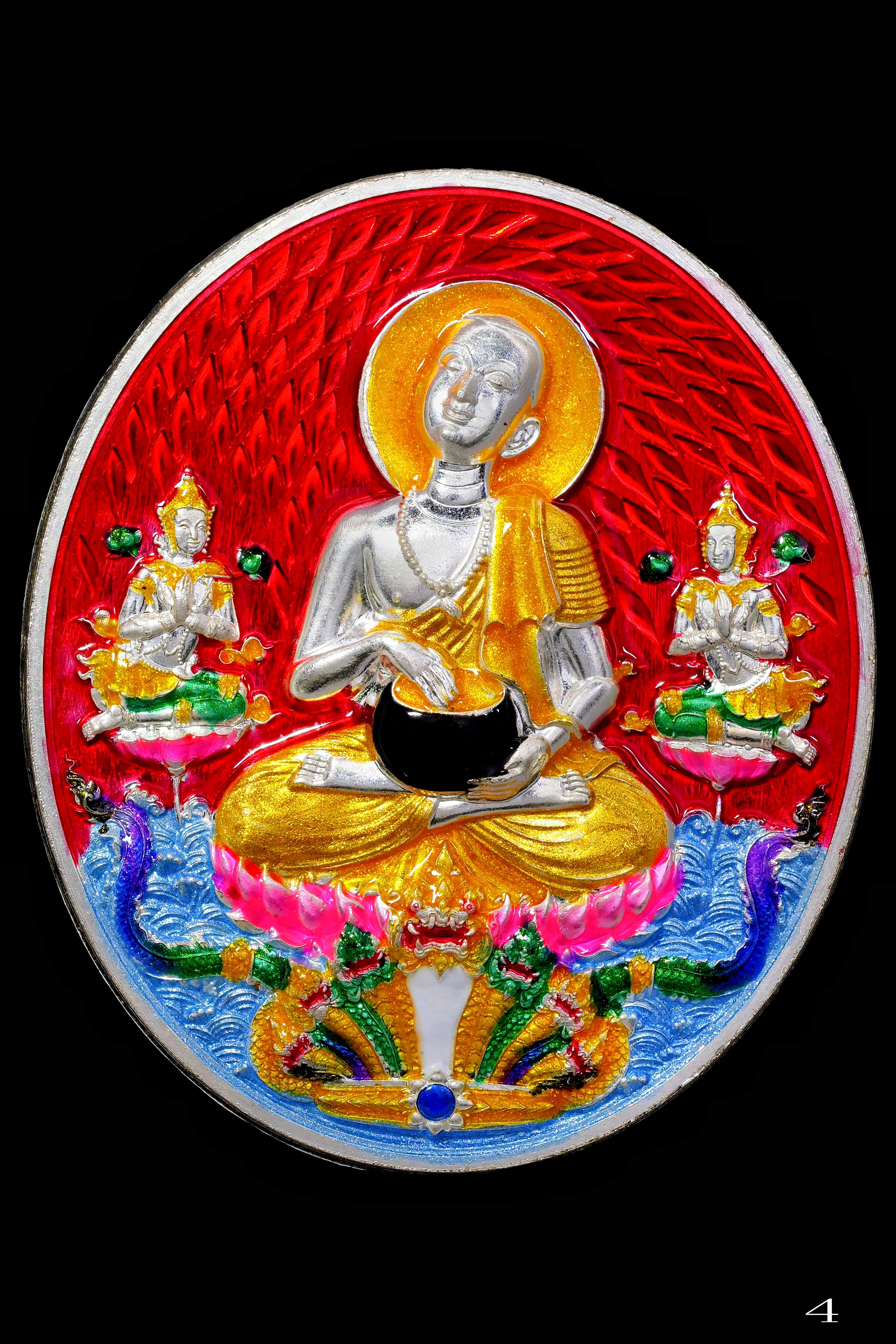 เนื้อเงินมหาชนวน ลงยาแดง (ด้านมหาอำนาจ หน้าที่การงาน) ลงยาราชาวดี สร้าง 19 เหรียญ