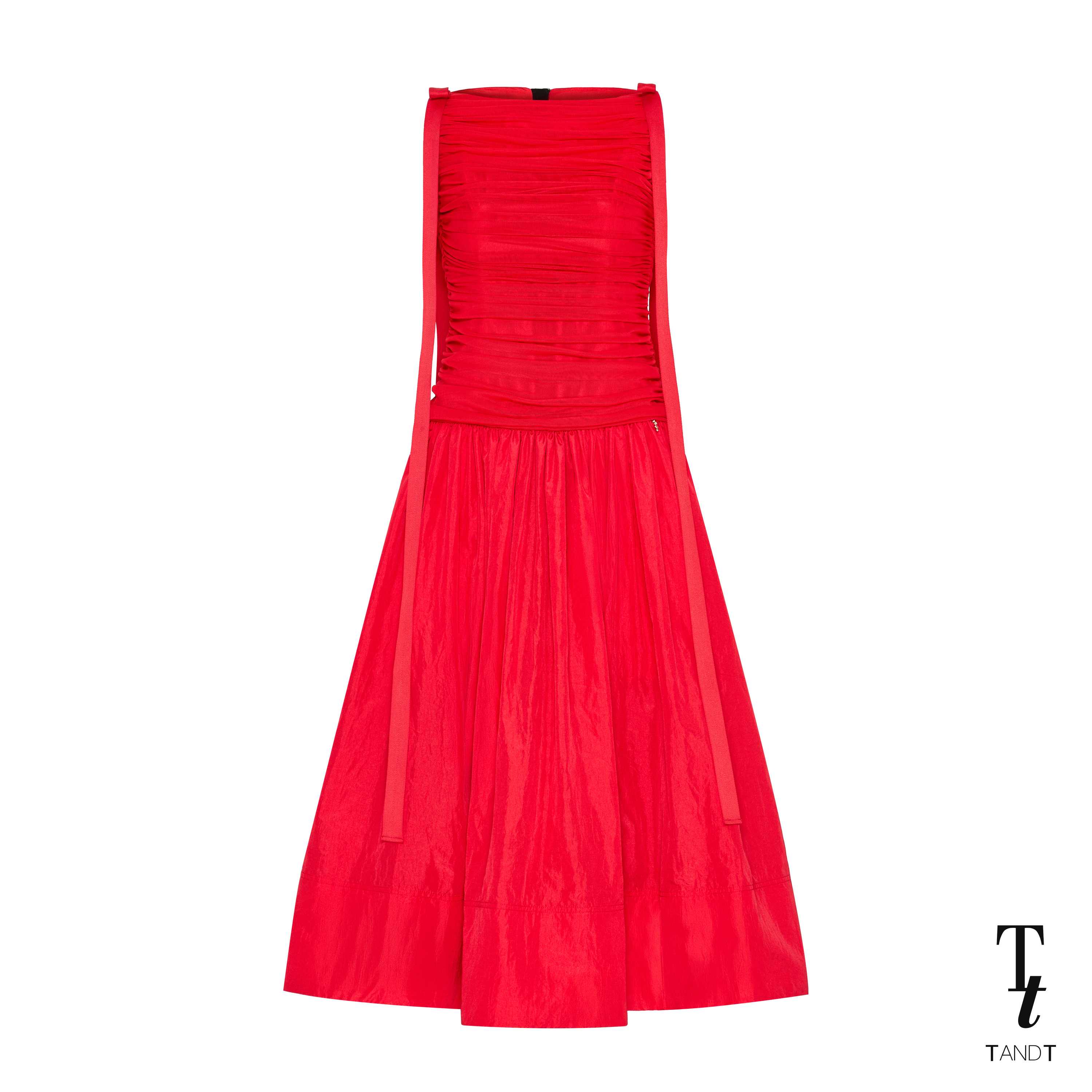 TandT - DEBY RED DRESS - RUCHED BOW TRIMMED MESH BLEND NYLON SLEEVELESS MIDI DRESS