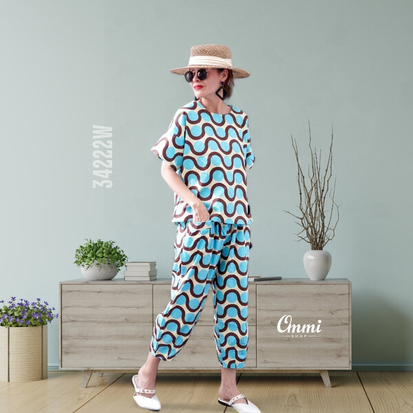 Ommishop 34222W ชุดเซ็ท เสื้อคอกลม และกางเกงขาจีบ ลายคลื่น Cotton Japan 100% (Bonus)[34222]