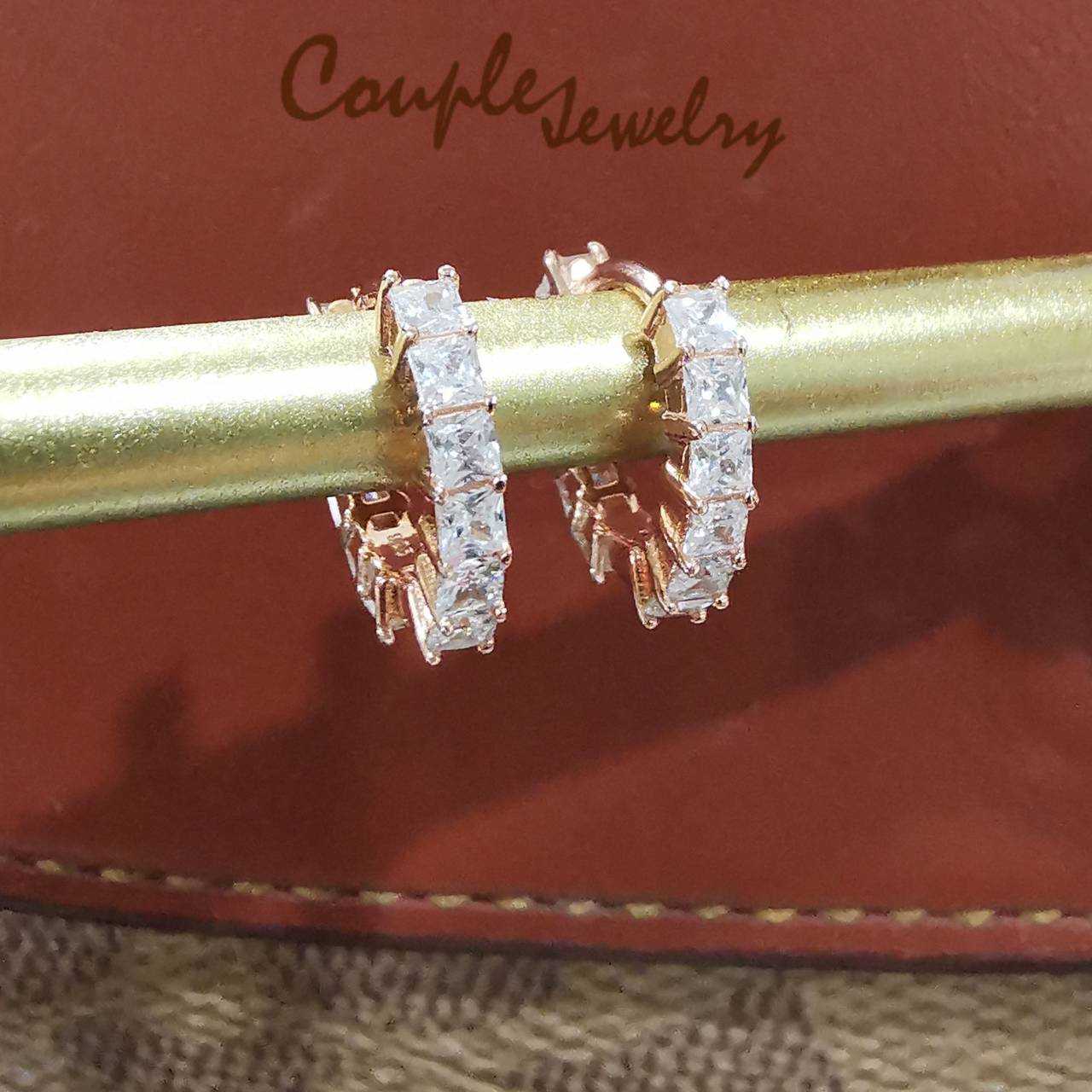 Couple jewelry ต่างหูเงินแท้925  ชุบพิงค์โกล ทรงห่วงฝังเพชรคิวบิกเซอร์โคเนียร์(CZ) รอบวง