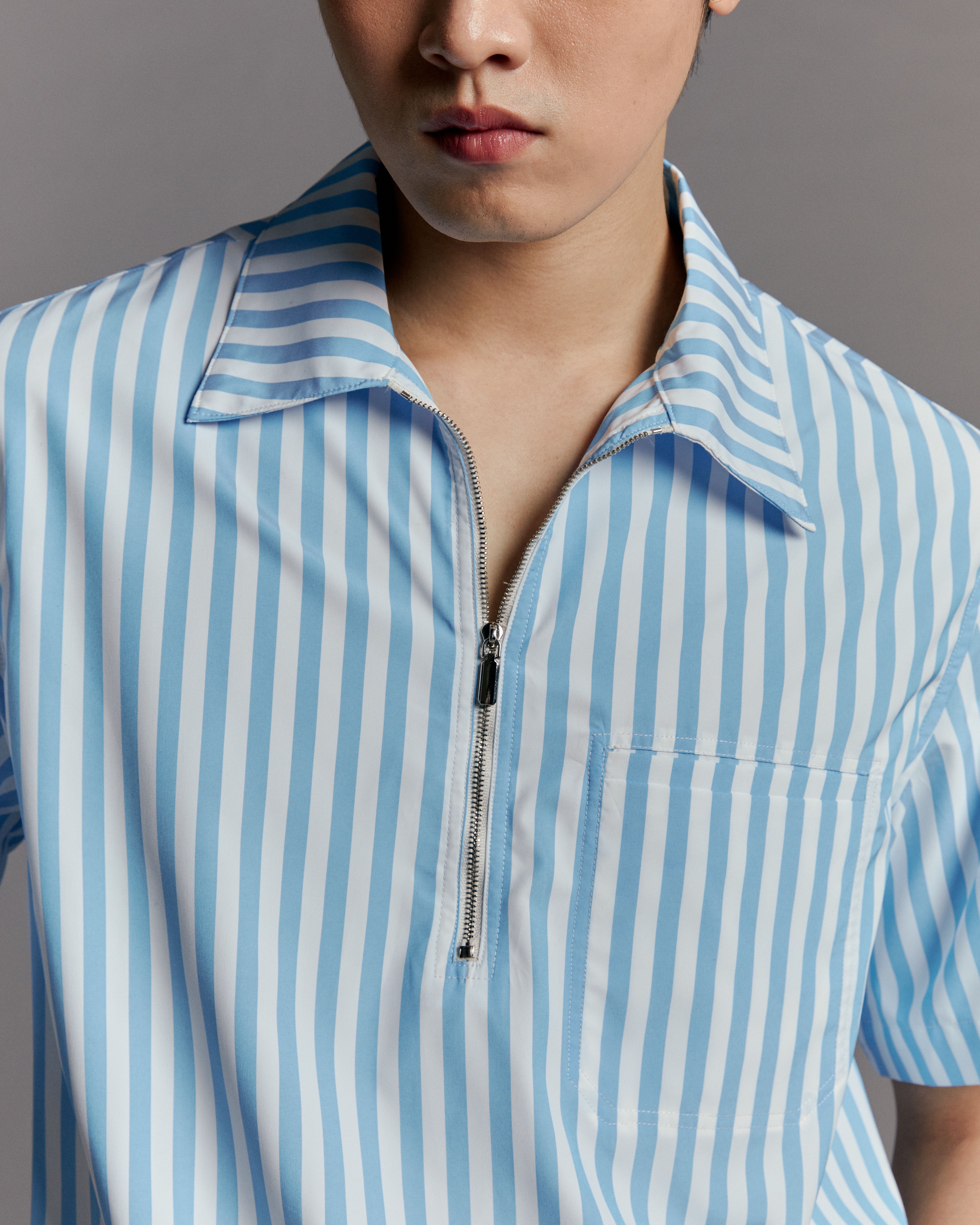 Blue Stripe Shorts Sleeve Zipper Shirts