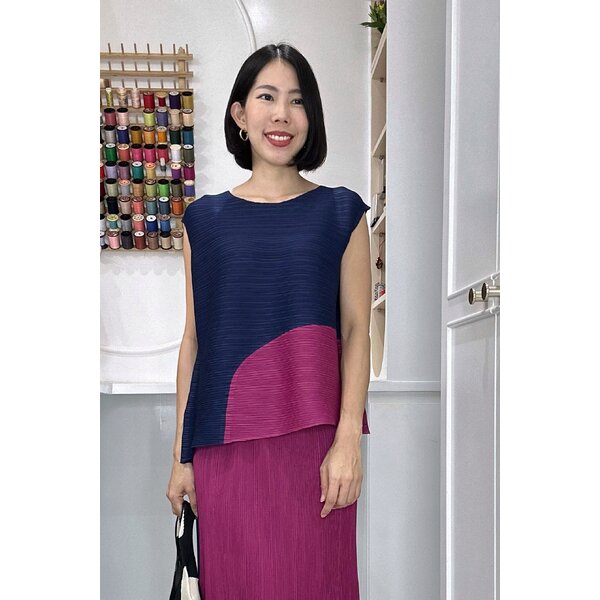 2MUAY รุ่น GJO1091 เสื้อพลีทคุณภาพ TWO TONE SLEEVELESS PLEATED TOP 6 สี FREE SIZE