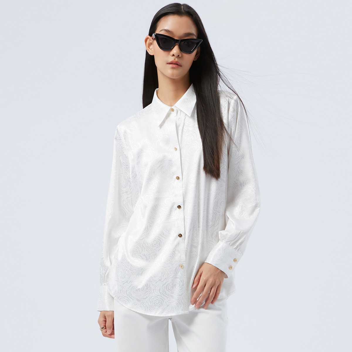 เสื้อเชิ้ตลายกุหลาบผ้าซาติน | Rose Jacquard Satin Shirt | 06254