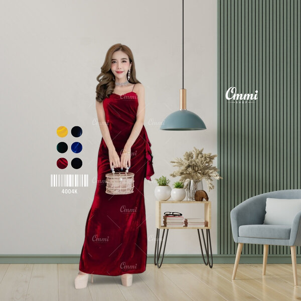 Ommishop ชุดราตรี 4004K สายเดี่ยวเกาะอก แต่งระบายข้างตัว กำมะหยี่ เดรสออกงาน ชุดงานแต่ง เพื่อนเจ้...