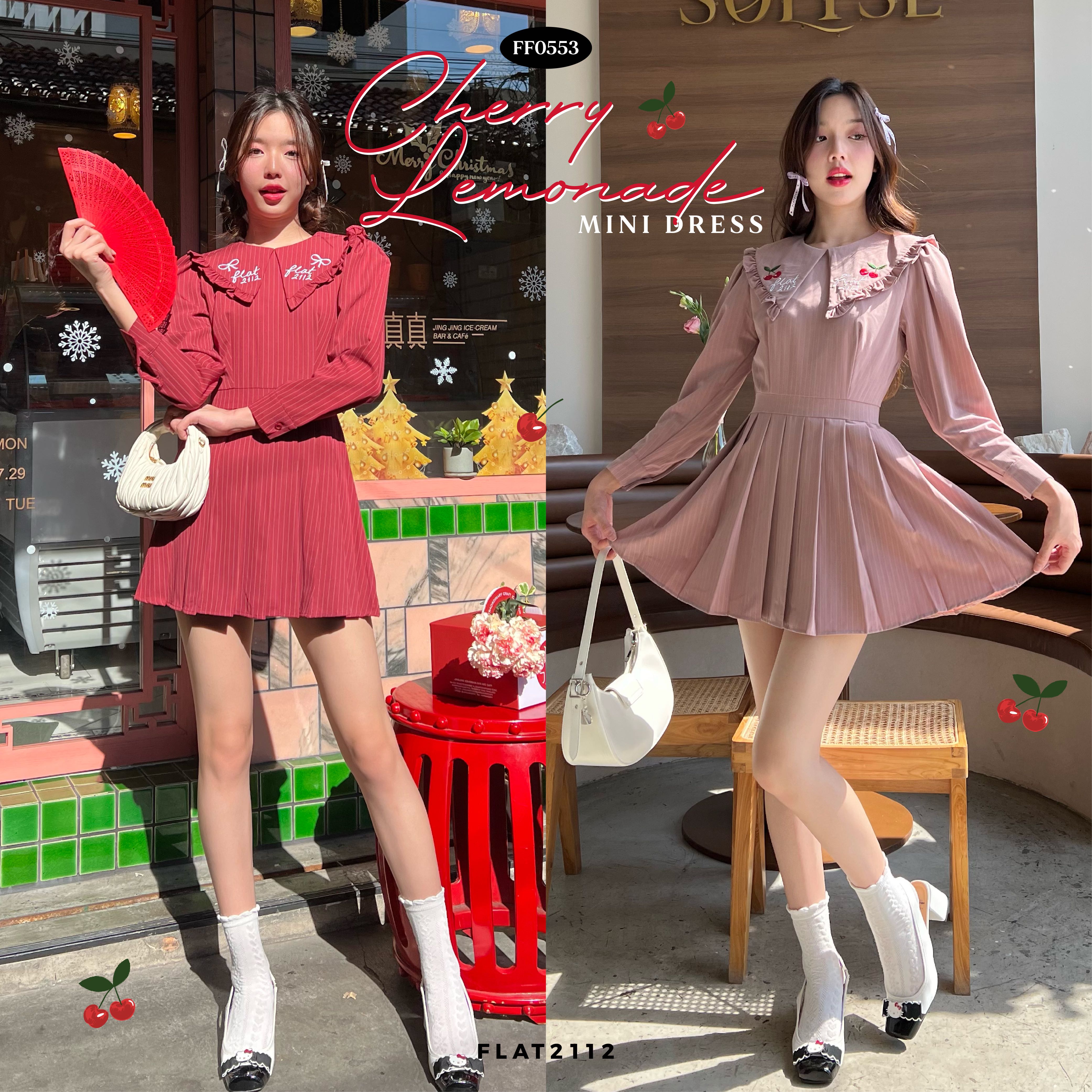 FLAT2112 FF0553 : CHERRY LEMONADE MINI DRESS มินิเดรสผ้าตัดสูทลายทาง