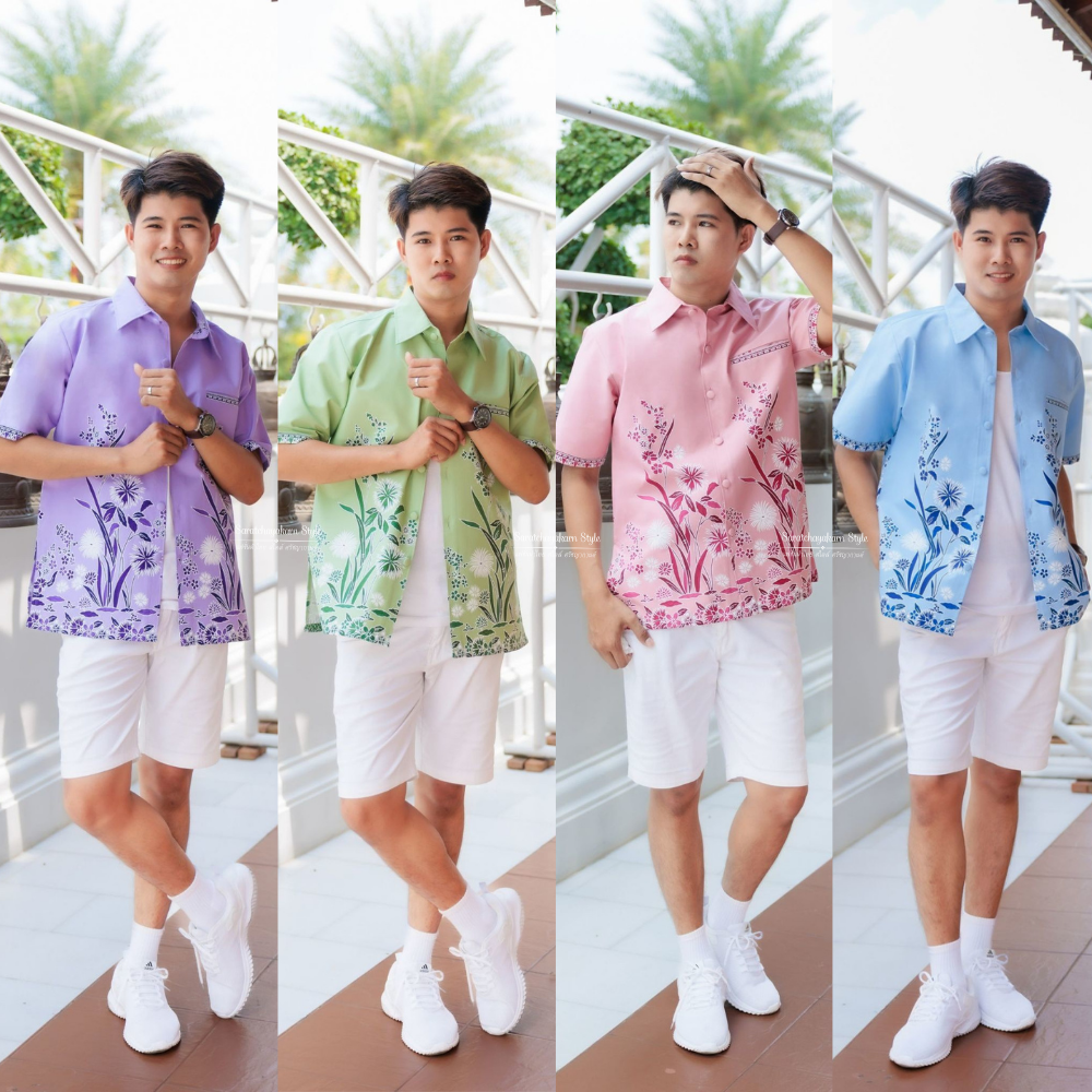 เสื้อลายปาเต๊ะ เสื้อเชิ้ตผู้ชาย สีพาสเทล คอปก กระดุมปั๊ม แขนสั้น กระเป๋าหน้า อัดกาวทั้งตัว