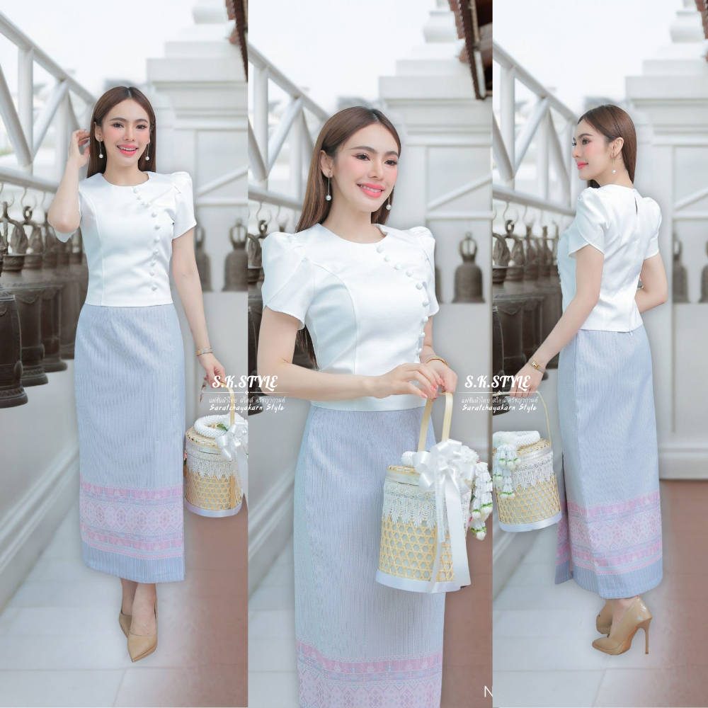 ชุด set ผ้าไทย ใส่ไปวัดทำบุญ Set เสื้อไหมญี่ปุ่น แขนกลีบบัว ผ้าถุงงานป้ายสำเร็จ ซิปหลัง อัดกาว