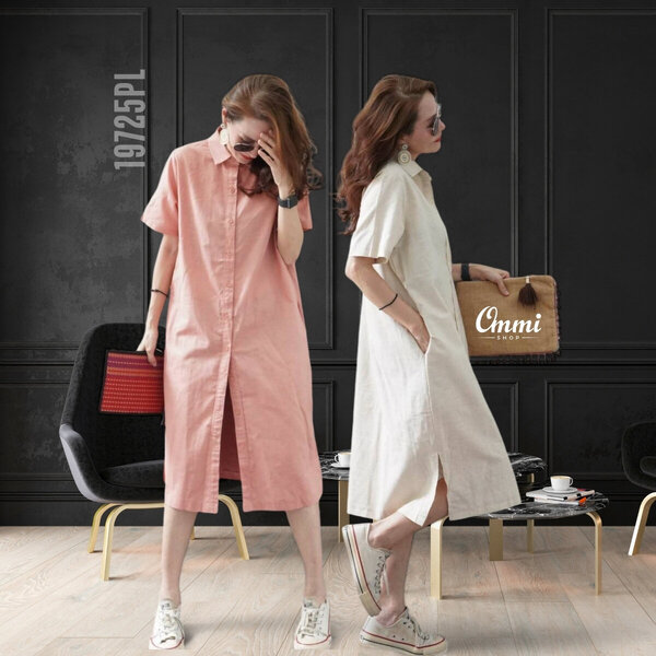 Ommishop 19725PL ชุดเดรสแฟชั่น ผ้าลินินผสมฝ้าย ปกเชิ้ตแขนสั้น กระดุมผ้าหน้า มีกระเป๋าด้านข้าง (PU...