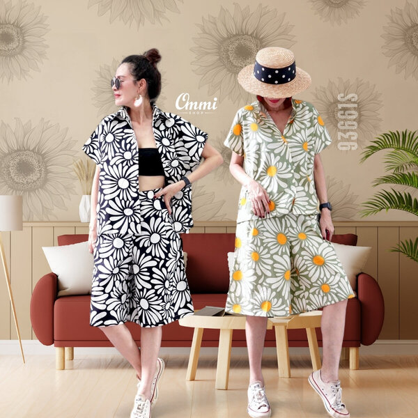 Ommishop 93661S ชุดเซ็ท เสื้อปกเชิ้ต และกางเกงขาสั้น ลายดอกทานตะวัน Cotton Japan 100% (Bonus)[93661]