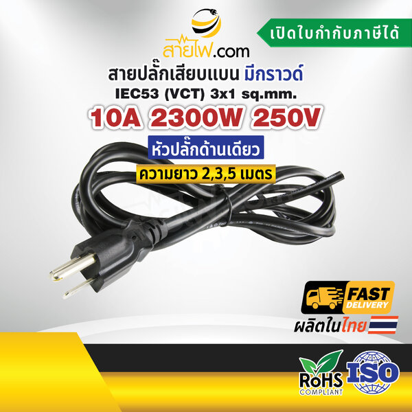 สายไฟพร้อมปลั๊ก สายปลั๊กเสียบแบน มีกราวด์ IEC53(VCT) 3x1 sqmm. (หัวปลั๊กด้านเดียว)