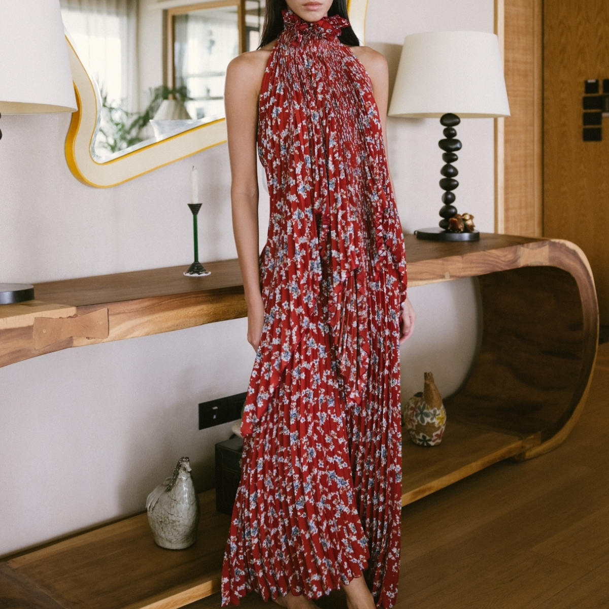 Ruffle neck bow open back set (Top & Skirt) - Indiana Red