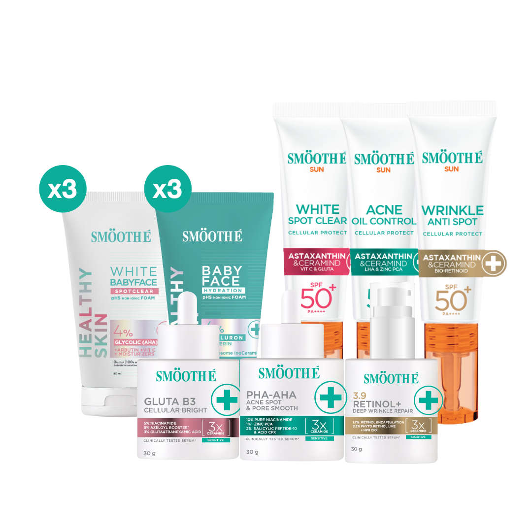 (รับ 3 สิทธิ์ร่วมกิจกรรม) เซ็ตสยบทุกปัญหาผิว 3 Steps Smooth E Cleanse + Repair + Protect