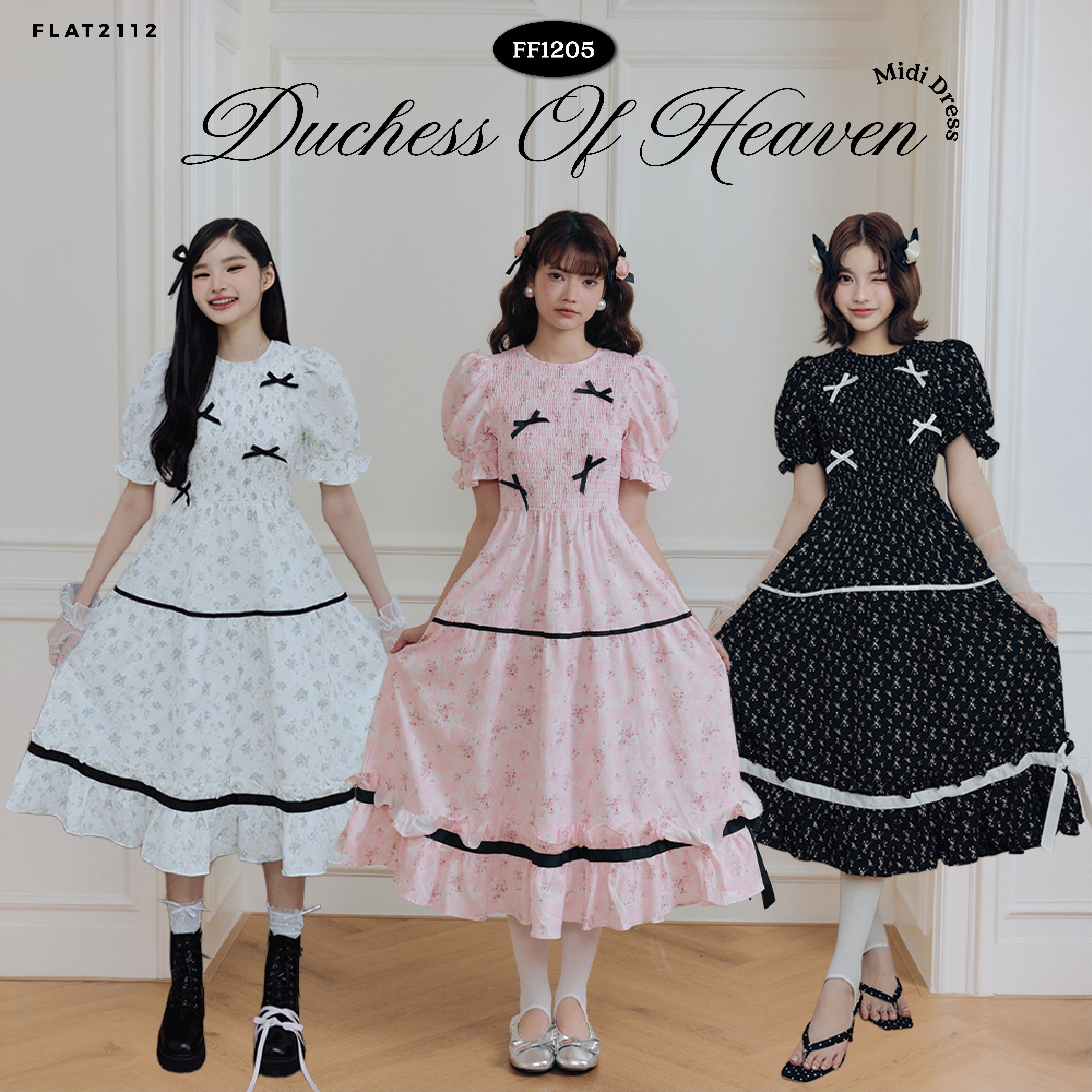 FLAT2112 : DUCHESS OF HEAVAN MIDI DRESS เดรสยาว คอกลม ผ้าพริ้ว ชุดไปเที่ยวคาเฟ่ มีพลัสไซซ์(FF1205)