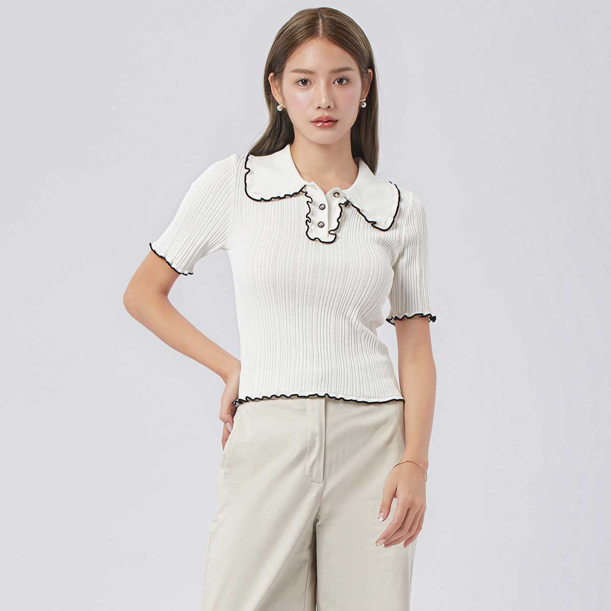 สเวตเตอร์โปโล | Polo Neck Sweater with Ruffle Triming Detail | 04957