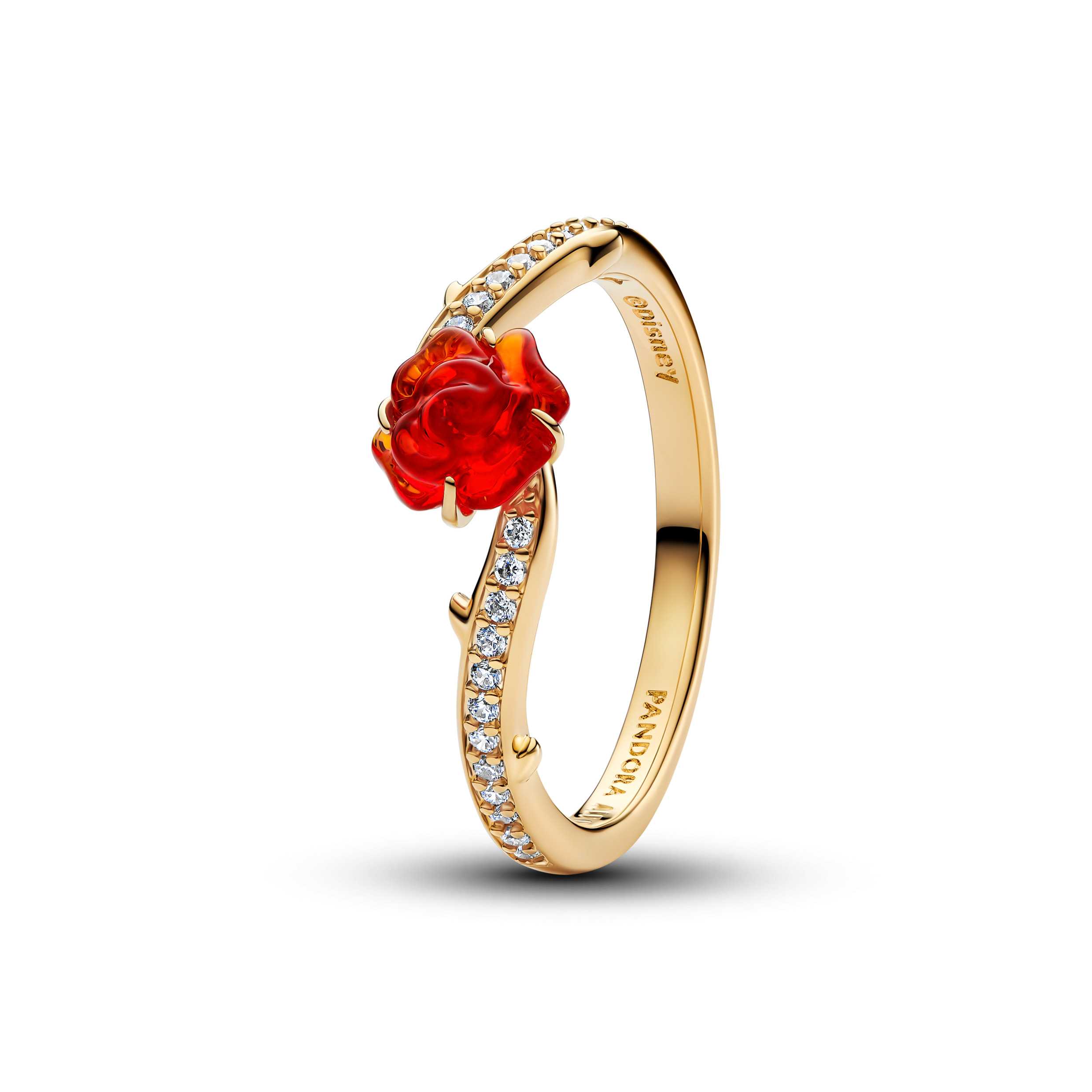 Disney Beauty and The Beast Rose 14k gold-plated ring with clear cubic zirconia and red Murano glass