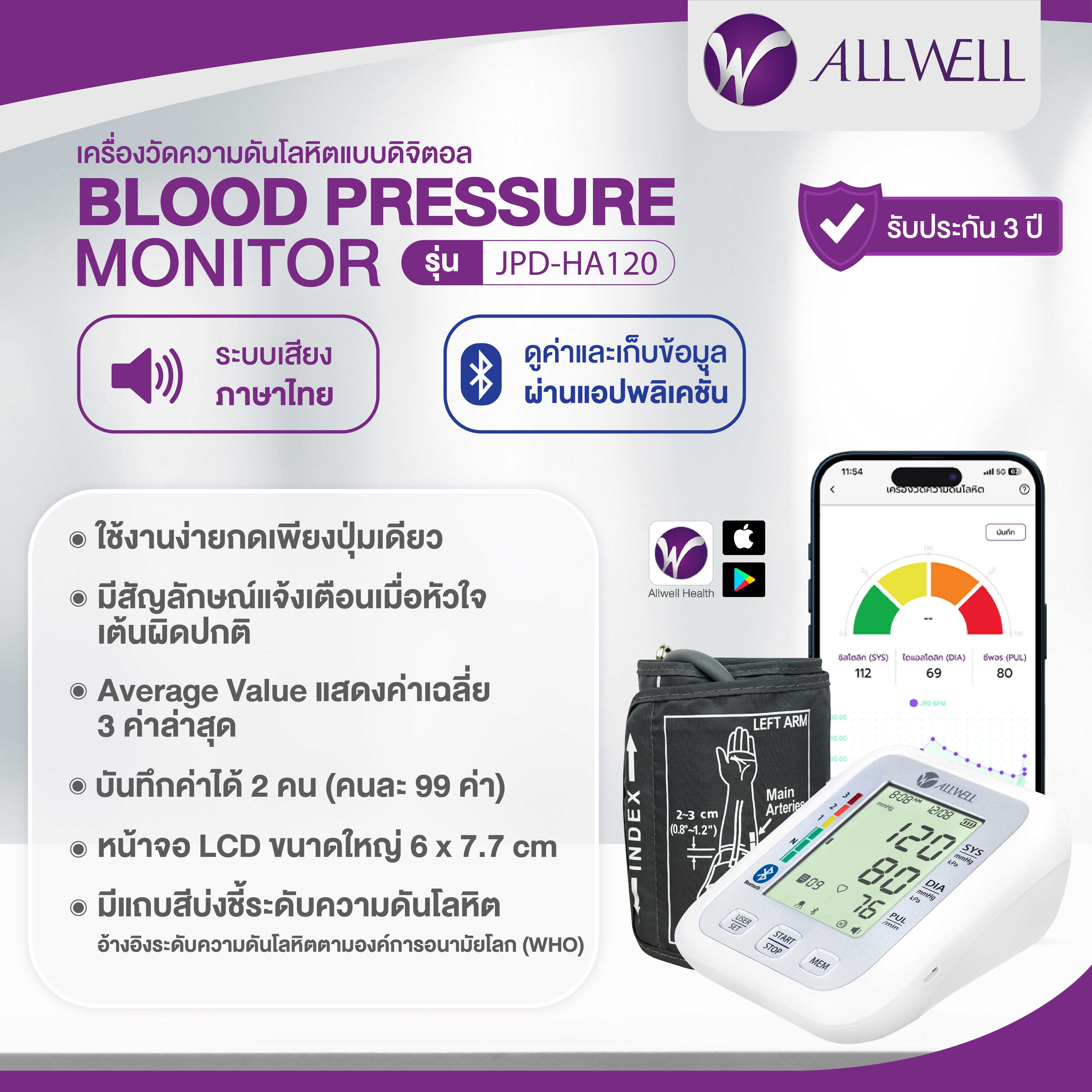 ALLWELL เครื่องวัดความดันโลหิต เชื่อม APP ได้ ระบบเสียงพูดภาษาไทย รุ่น JPD-HA120