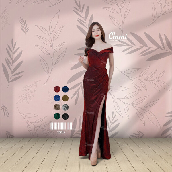 Ommishop ชุดราตรี 1225V ปาดวีนก ผ้า Glitter เดรสออกงาน ชุดงานแต่ง เพื่อนเจ้าสาว