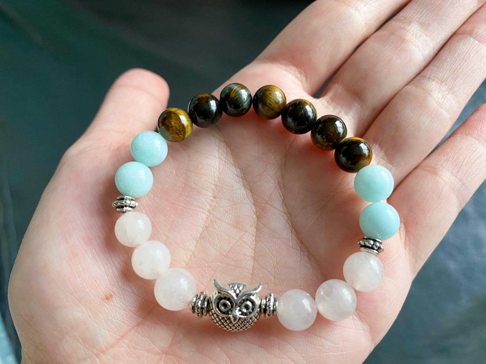 กำไลหินมงคล สร้อยข้อมือหินมงคล ปี่เซียเงินแท้ Tiger eyes + Amazonite + Rose Quartz