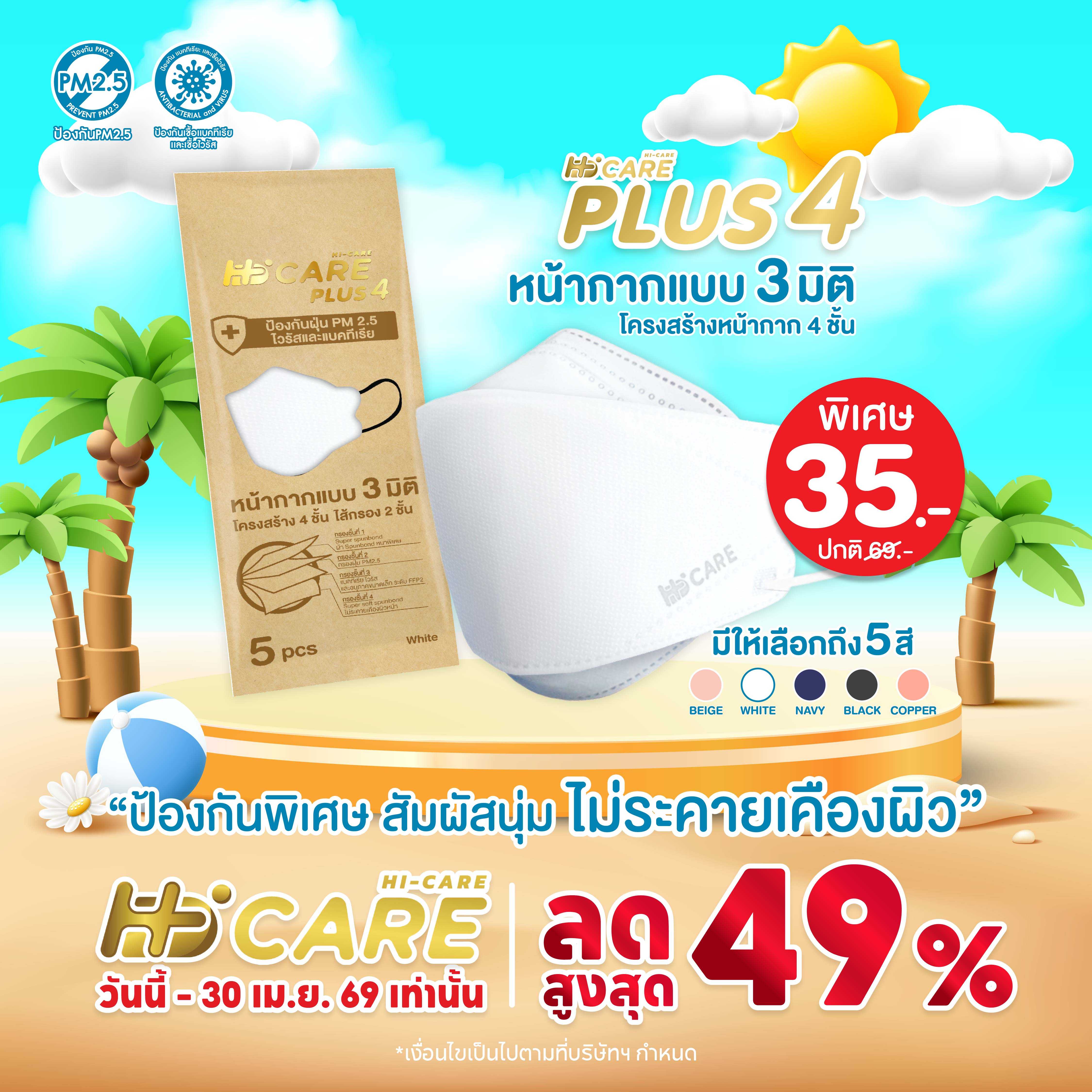 Hi-Care PLUS4 (สีขาว,สีกรม,สีเบจ,สีดำ,สีคอปเปอร์) หน้ากาก 3 มิติ แผ่นกรอง 4 ชั้น (5 ชิ้น)