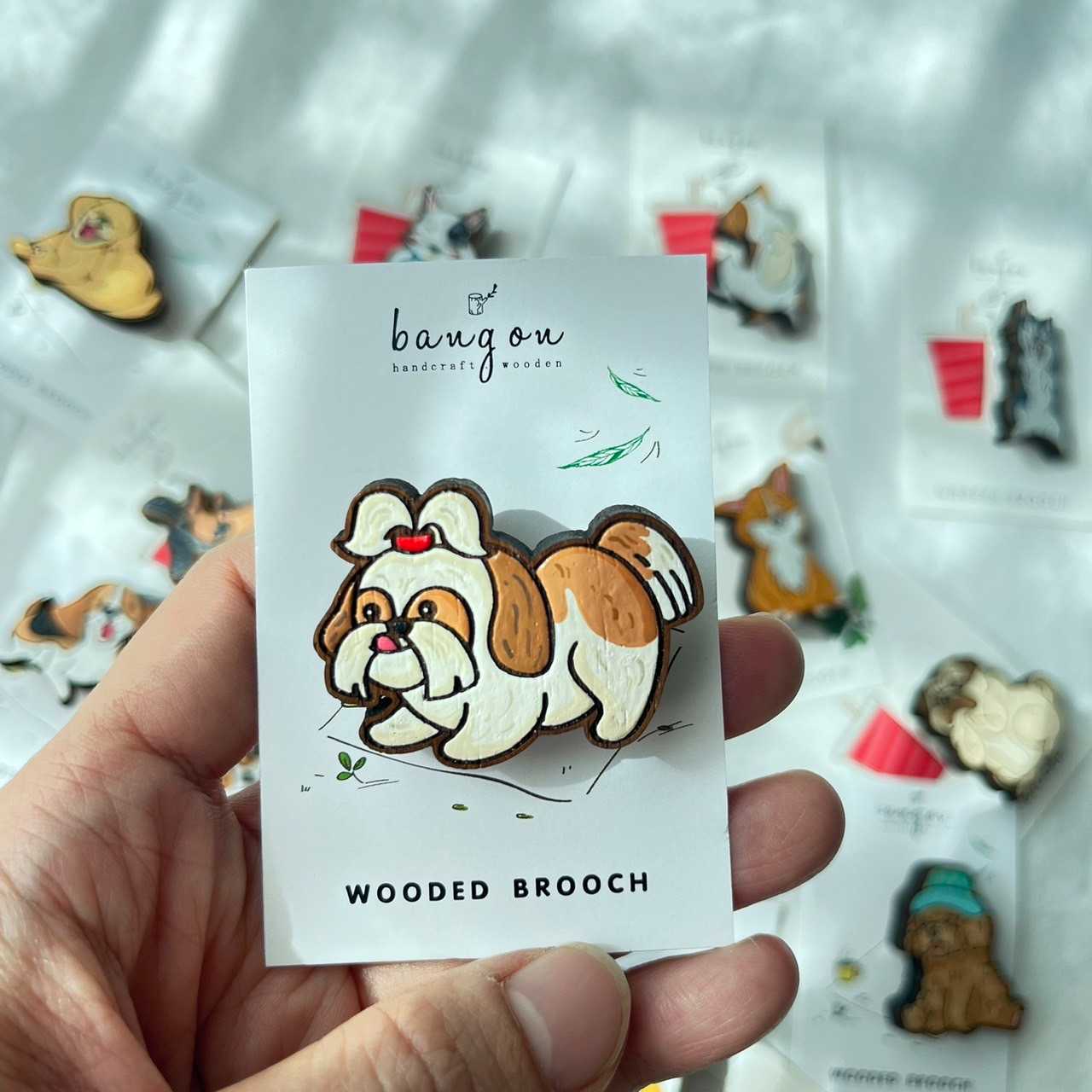 Wooden brooch Shih Tzu