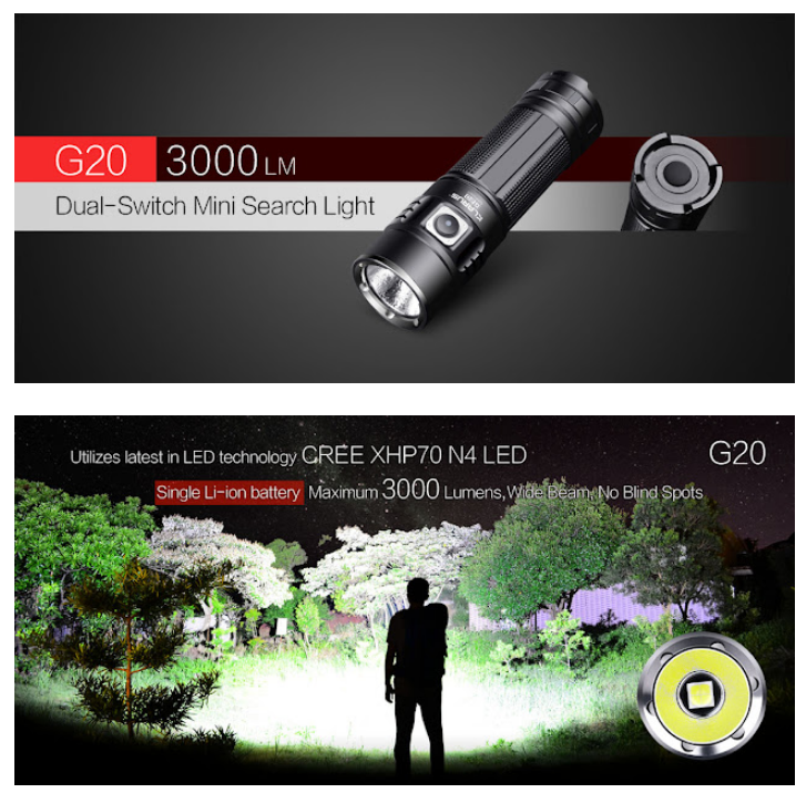 ไฟฉายKlarus G20 สว่างแรง กว้างๆ  3000 lm 5000 mAh Full SET สวิทซ์ 2 ที่แยกกันทำงาน ลดไม่ต้องมีCODE