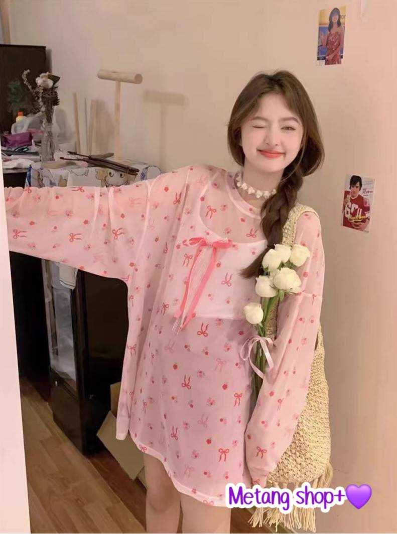 เสื้อโอเวอร์ไซส์ ผ้าซีทรู พิมพ์ลายโบว์
