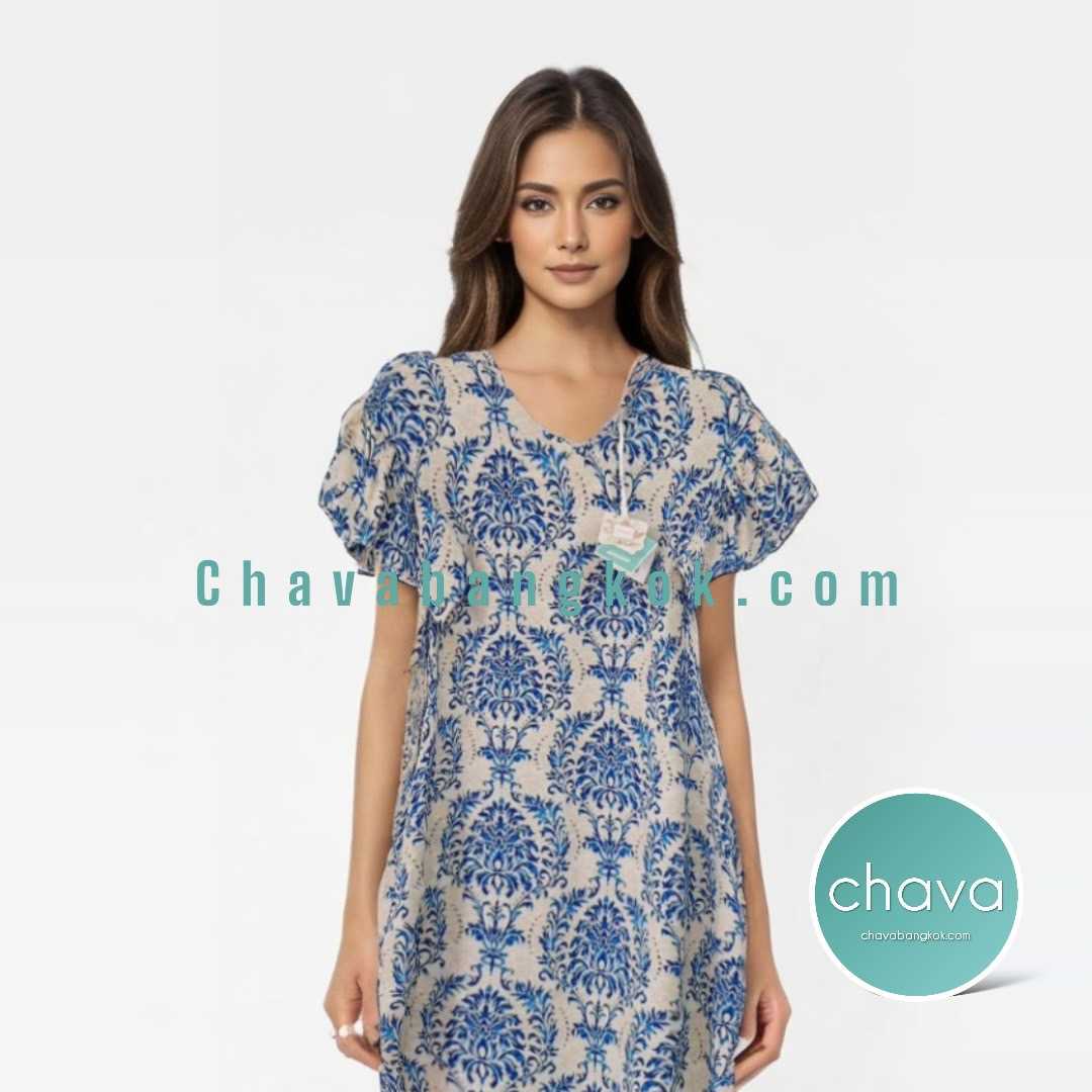Mini Dress เดรสสั้น พื้นขาวลายดอกไม้ (สีน้ำเงิน)