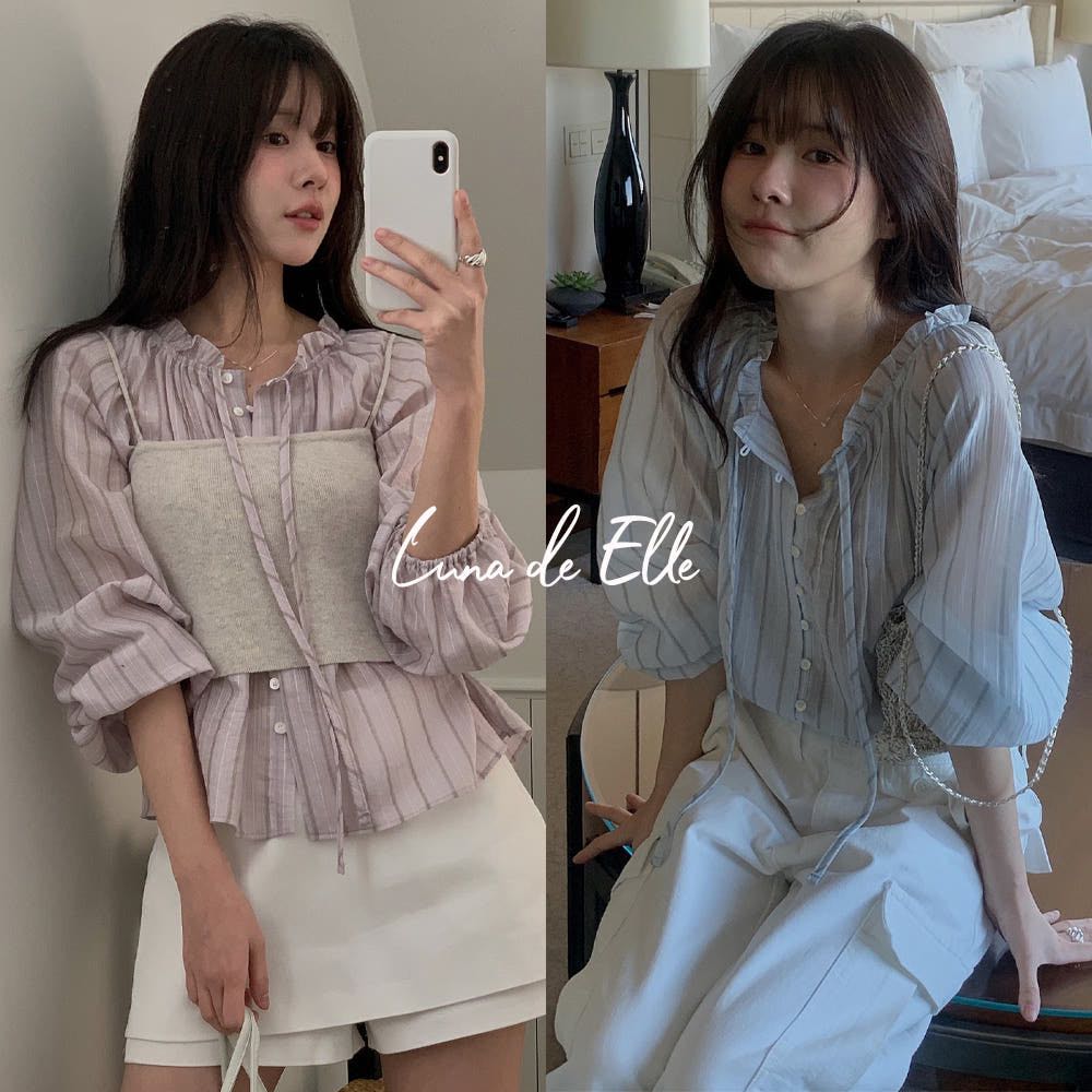 Miel Heb Stripe Frill Blouse 3color 🤍 (แบรนด์เกาหลีแท้Pre-order 10 วัน) เสื้อเบลาส์ลายทางคอระบาย