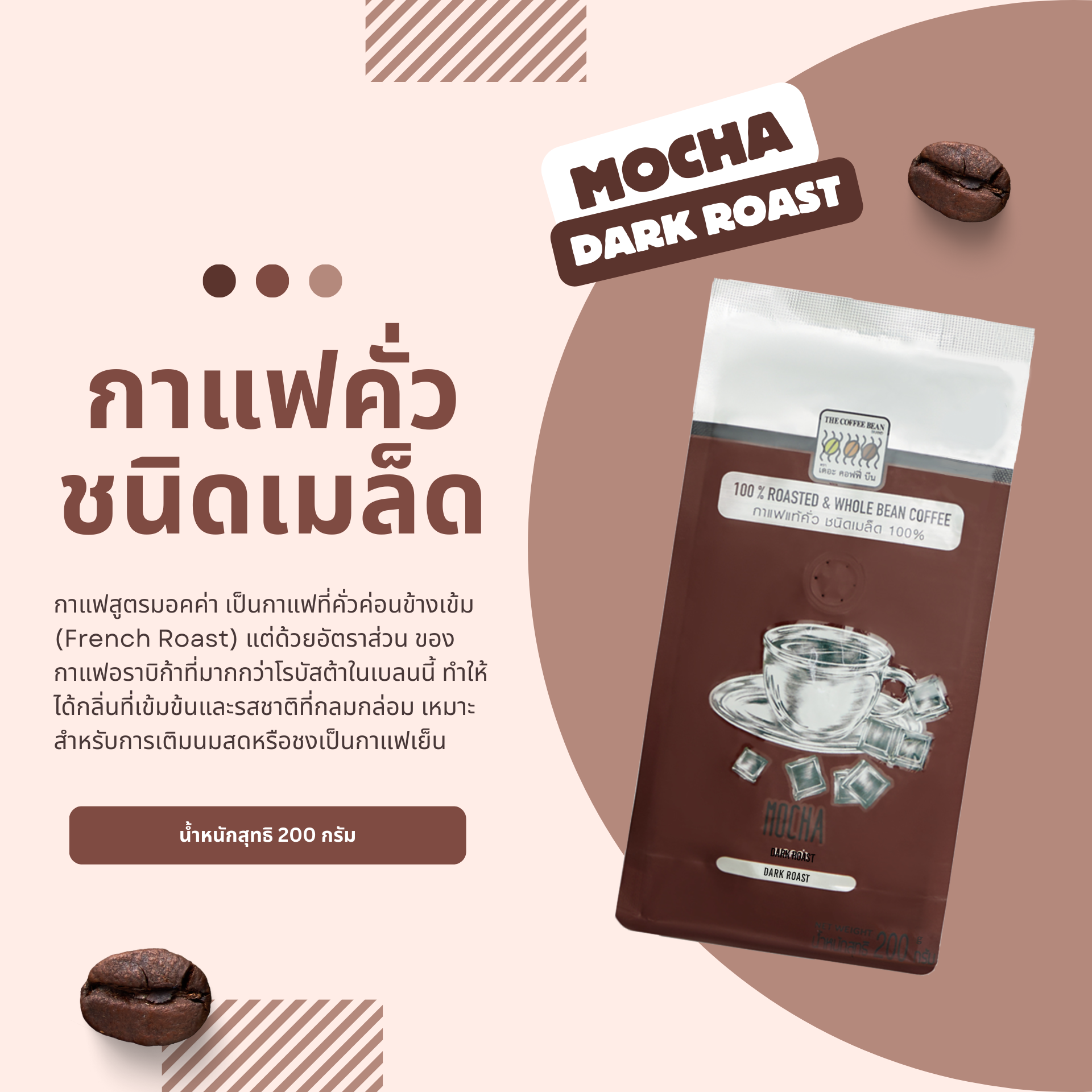 เมล็ดกาแฟ มอคค่า คั่วเข้ม 200 กรัม
