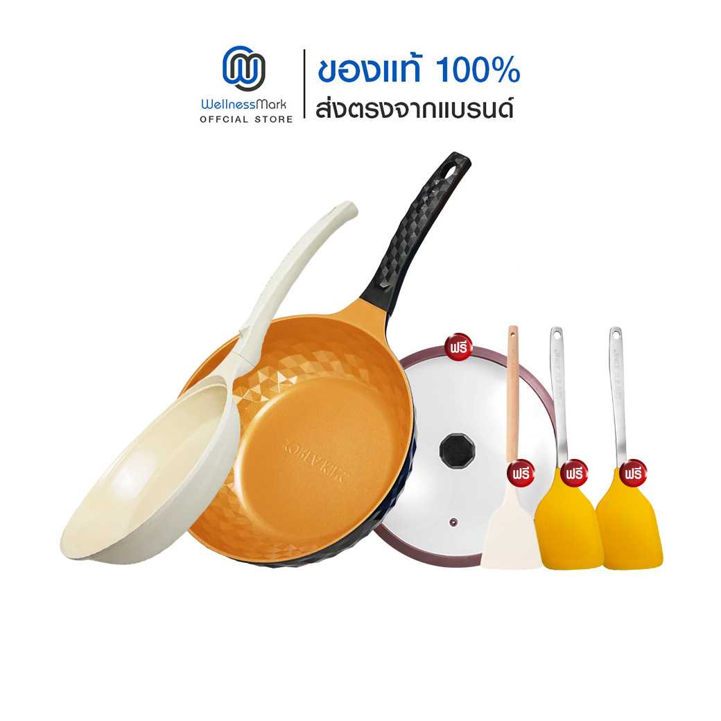 Ceramic (Gold 28cm) 1 ใบ + Colormic (24cm) 1 ใบ ฟรี  ตะหลิวขาว 1 ส้ม 2 + ฝาแก้ว Ceramic 1