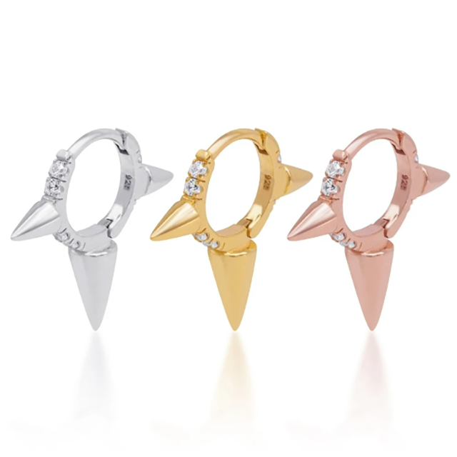 PiercingRoomByJay Triple Plain Spike CZ Huggie Hoop เงินแท้ (ราคาต่อชิ้น)