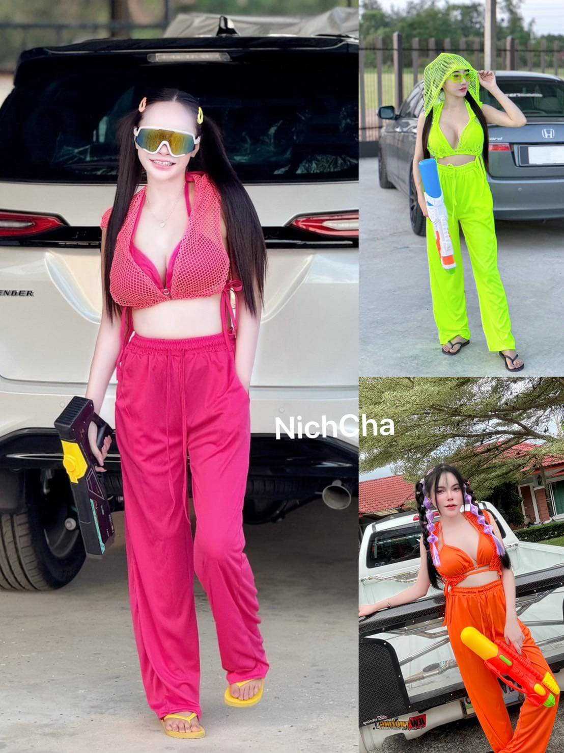 เสื้อแขนกุดผูกข้าง มีฮู้ด ผ้าตาข่าย  กางเกงขายาว