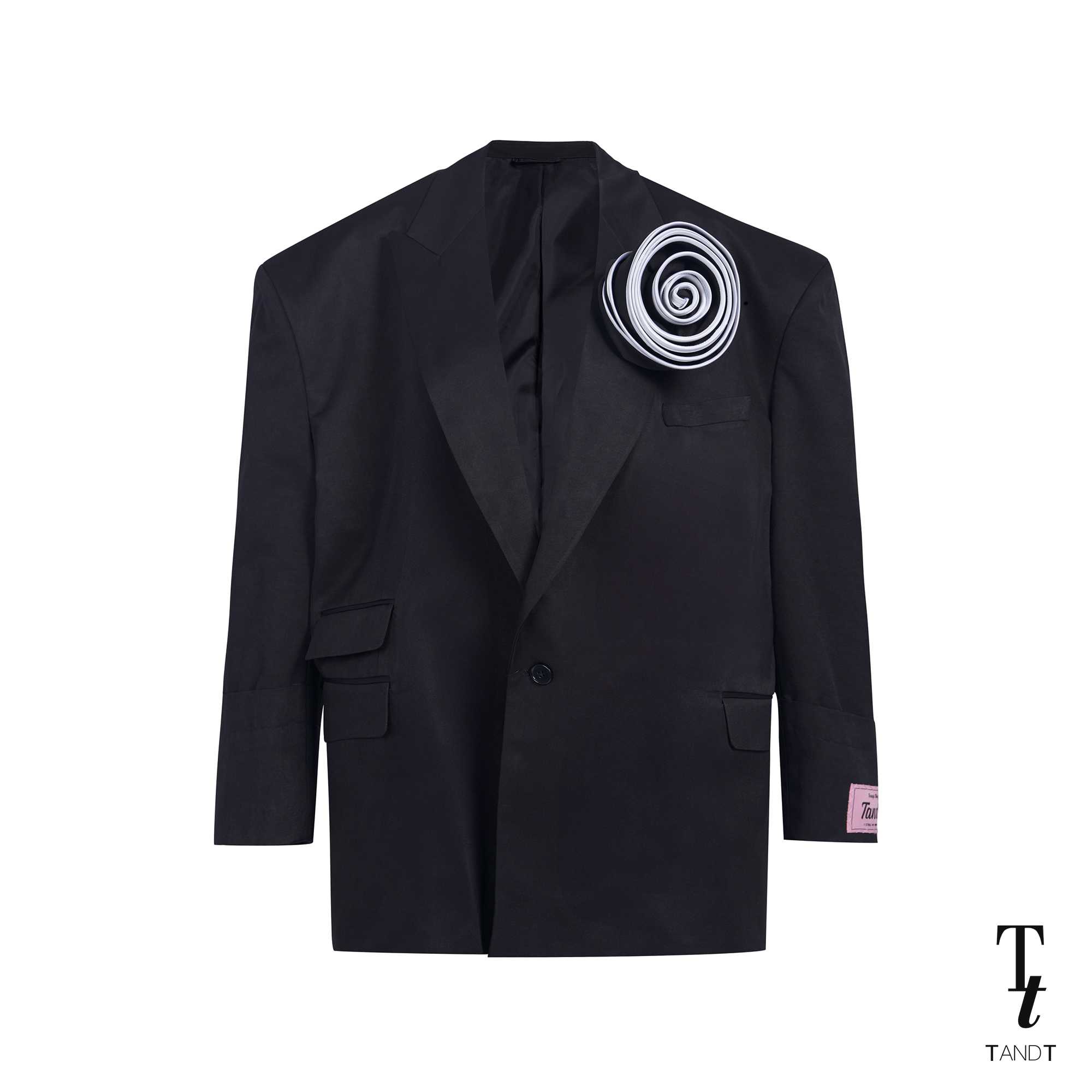 SHERMAN BLACK - ROSE HAND-CRAFTED PIN SHOULDER PADD OVERSIZE BLAZER