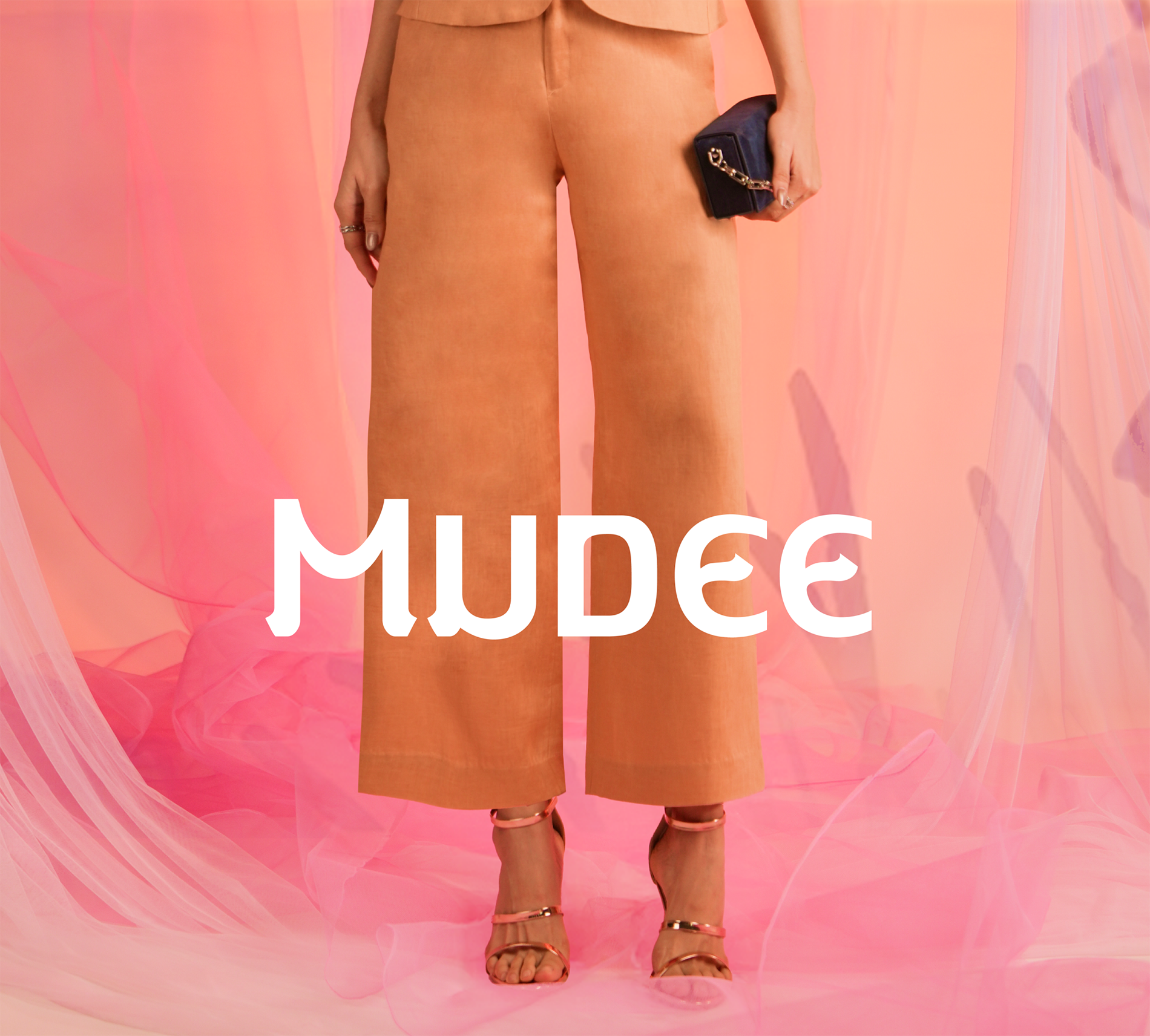 กางเกงขายาวสีส้ม ผ้าลินิน 100% Orange Wide Leg Linen Trouser