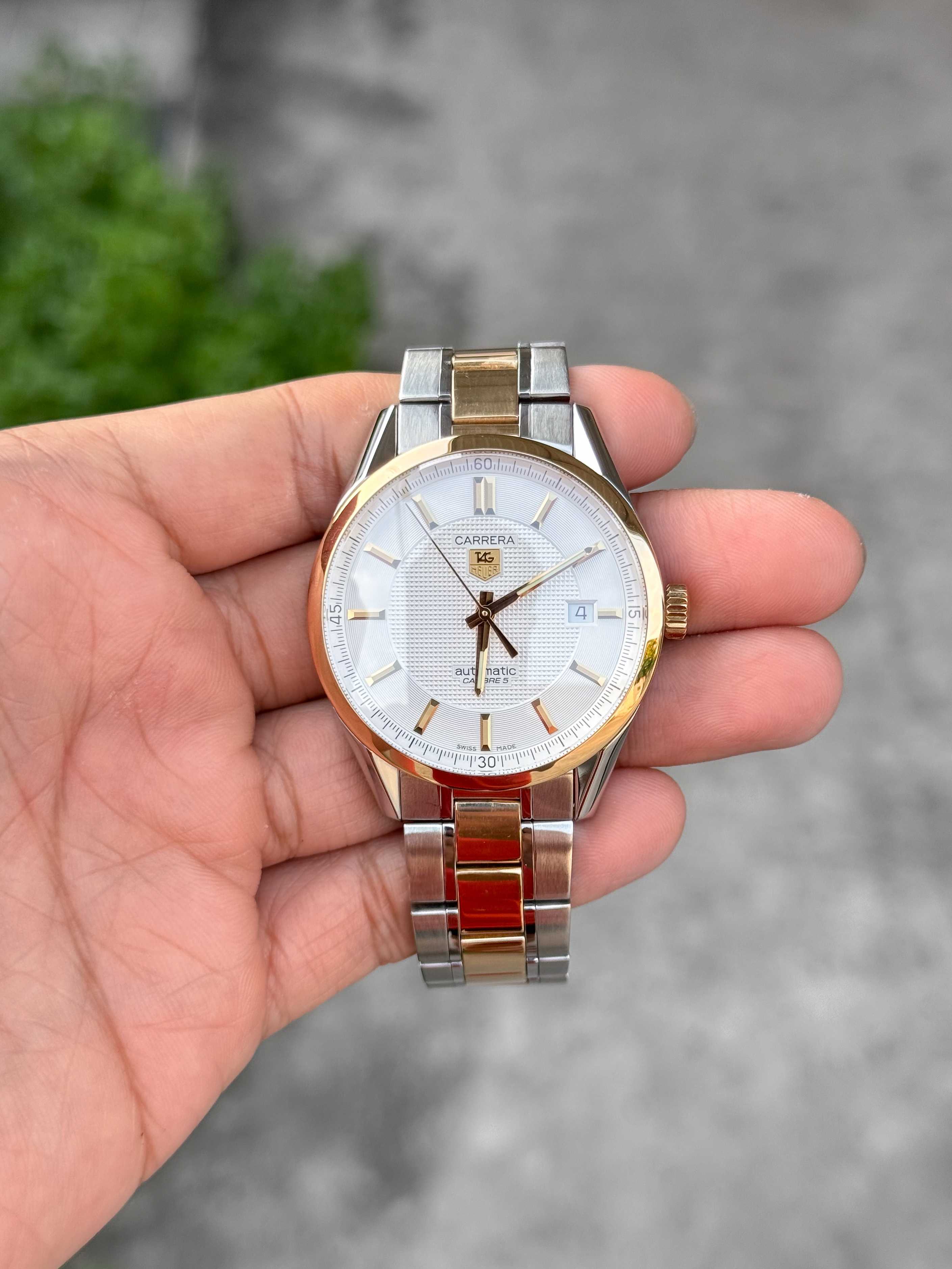 Tag Heuer Carrera 2tone 18K Calibre 5 Automatic Date Man Size Silver Dial