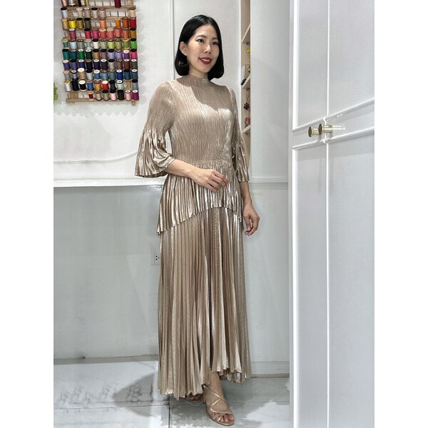 2MUAY รุ่น GA91028 เดรสพลีทคุณภาพ METALLIC FLARE PLEATED DRESS 5 สี FREE SIZE