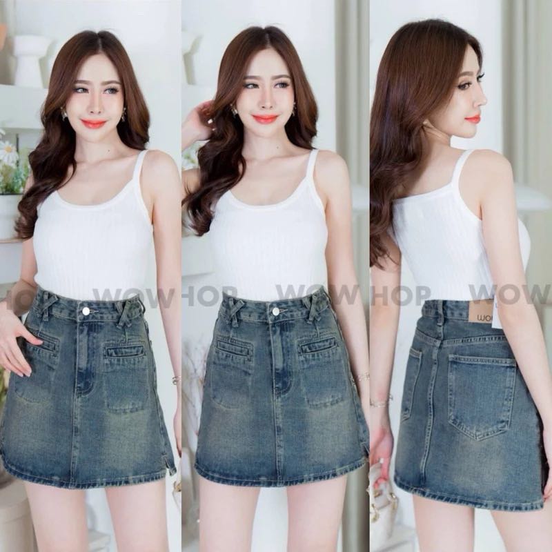 กระโปรงยีนส์ ผ่าหน้า ผ้าไม่ยืด สีฟอกสวยเกร๋ ปลายกระโปรงตัดแต่งขาดรุ่ย #WW932