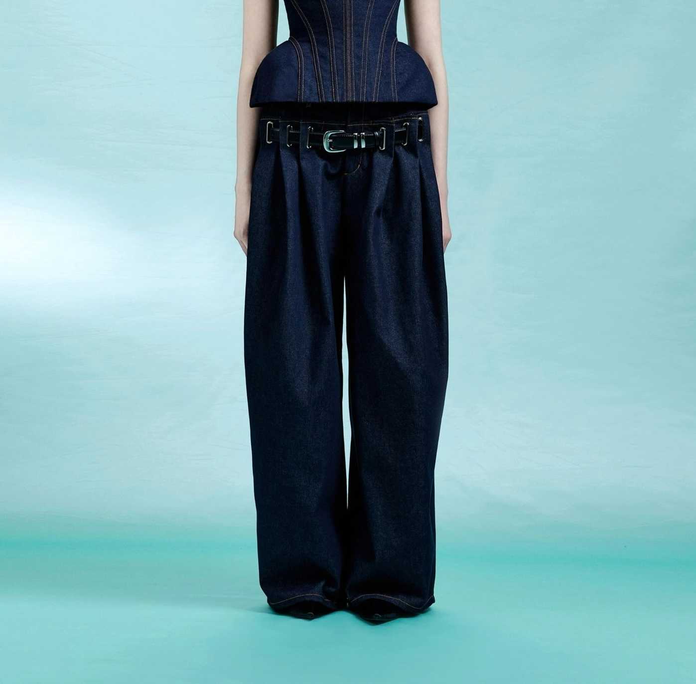 LEJE Belted Double-Waist Pleated Jeans - Dark Navy