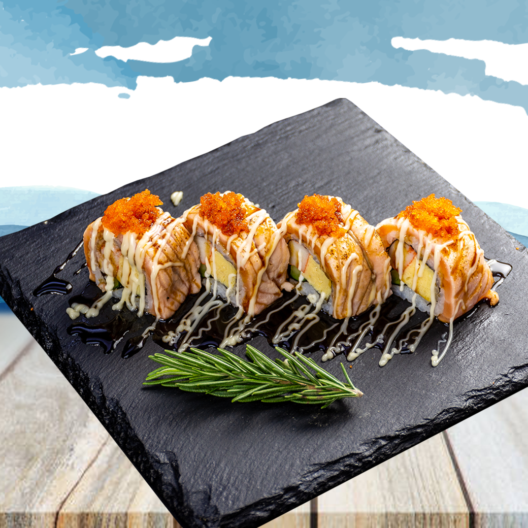 Salmon Aburi-Teriyaki Roll แซลมอน เบิร์นไฟ ซอสเทริยากิ Full 8 ชิ้น