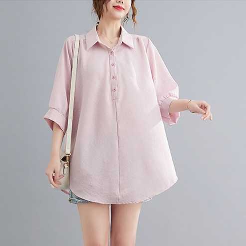 เสื้อเชิ้ตทรง oversize แบบเรียบๆสีสวยๆ ทรงใส่แล้วเก๋น่ารักมากค่ะ - สีชมพูอ่อน