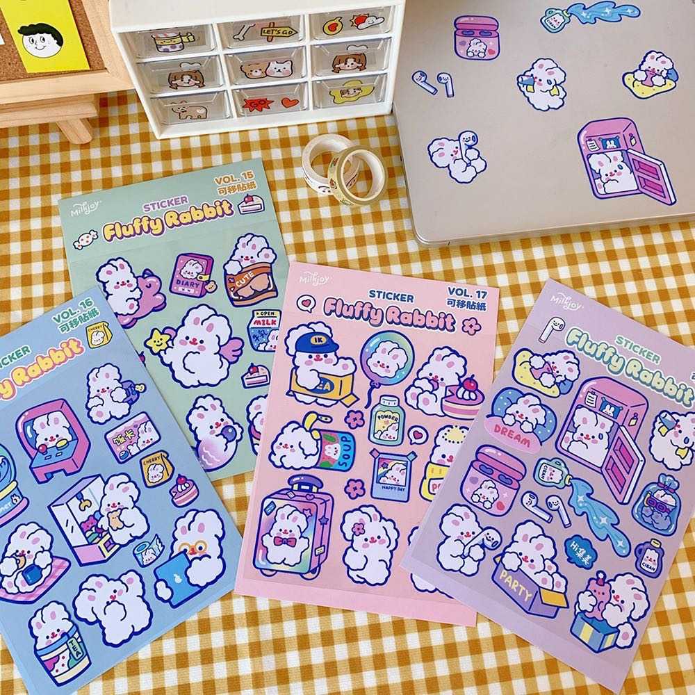 สติ๊กเกอร์สุดน่ารัก ลายกระต่ายฟูๆ fluffy rabbit เนื้อเป็นสติ๊กเกอร์ใส PVC นะค้าบ