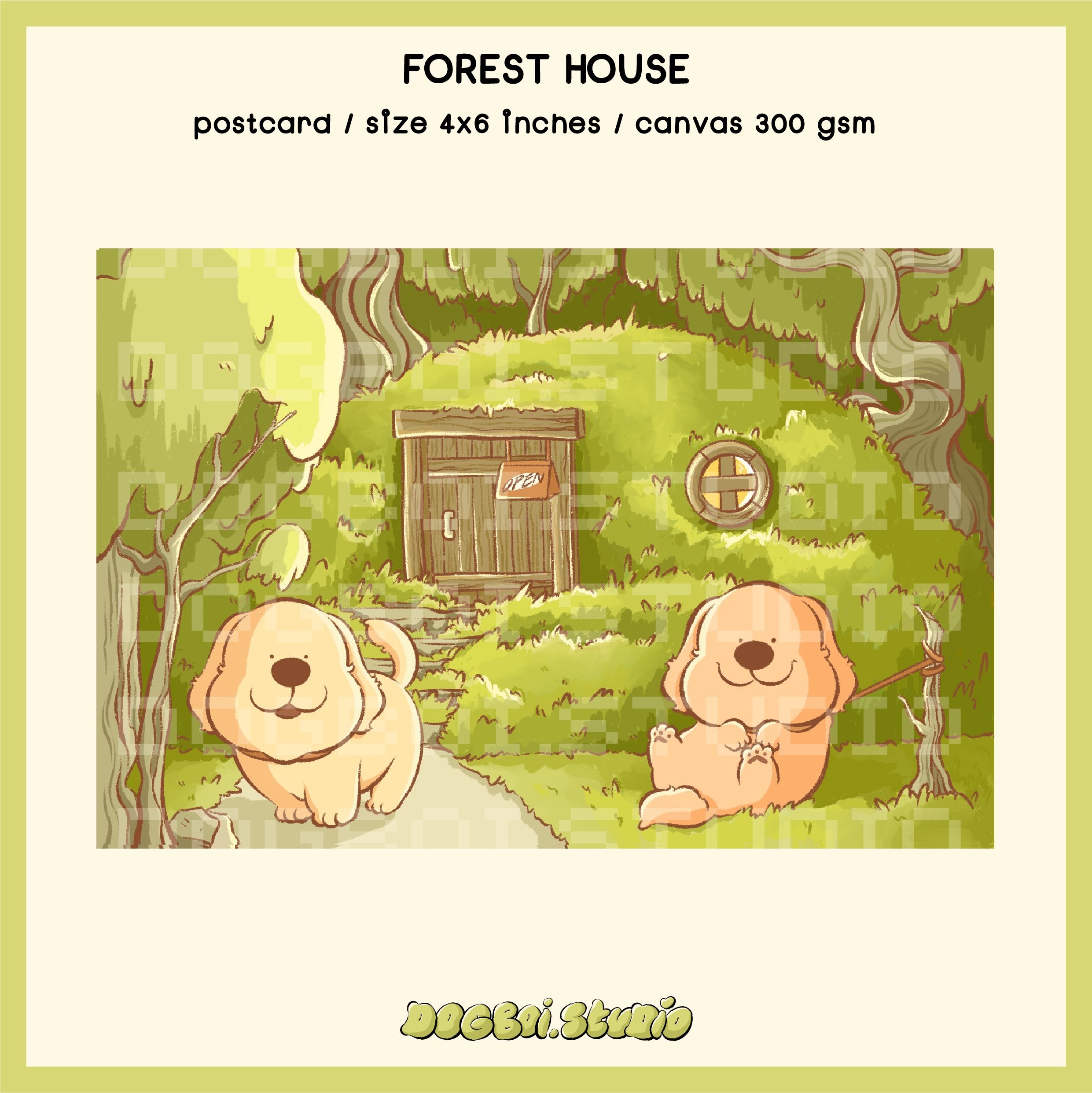 DOGBOI postcard🌳forest house โปสการ์ดโกลเด้นหนีเข้าป่า พิมพ์ลงกระดาษแคนวาส